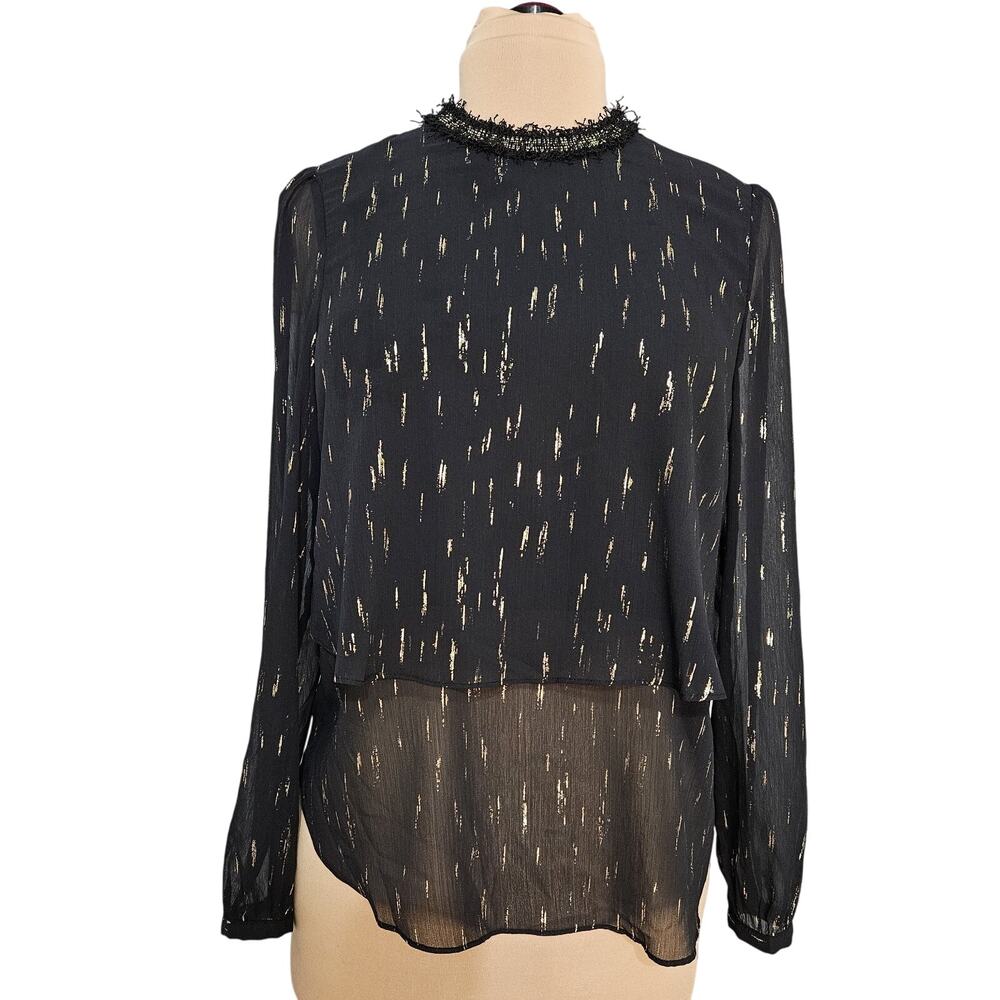 Gibson Latimer Black Gold Tiered Blouse Small Frayed High Neckline Semi Sheer
